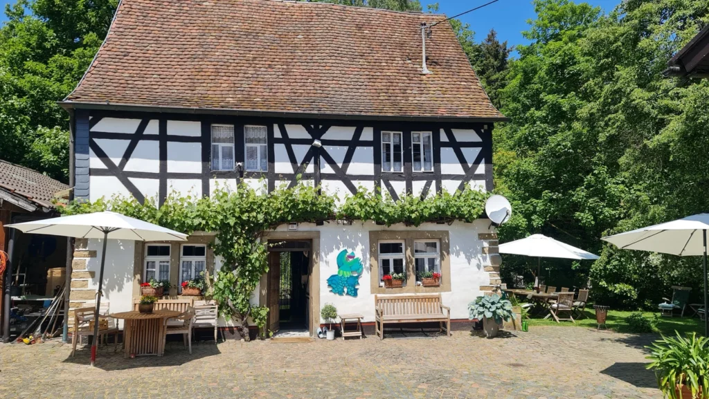 Das Haupthaus des Künstler-Hofs mit Terrasse, Sonnenschirmen und Weinlaub